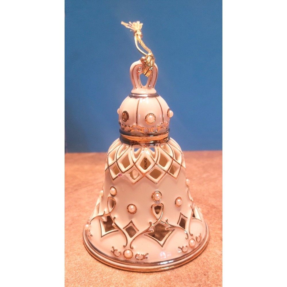Lenox FLORENTINE Pearl Ivory China Bell Ornament Gold Trim Lattice Collectible